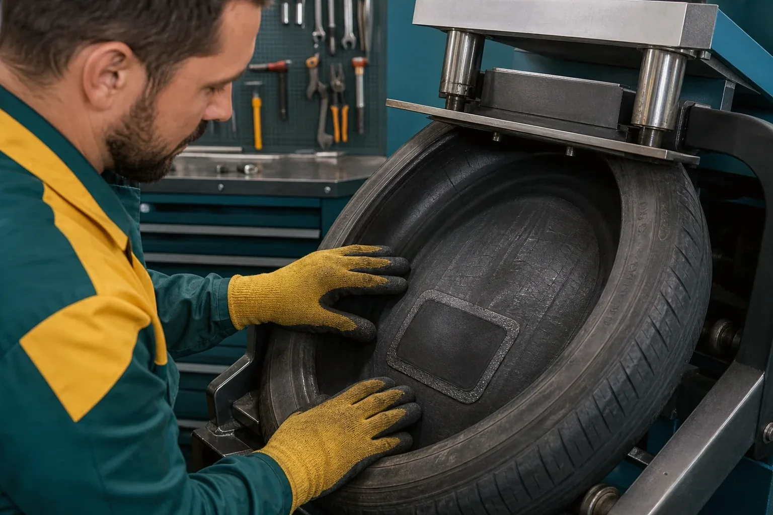Máquina de vulcanização em uso com pneu danificado.