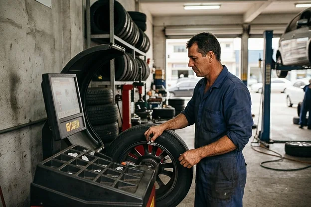 Profissional balanceando rodas de carro com equipamentos especializados.