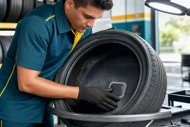 Profissional consertando pneu com ferramentas de borracharia.