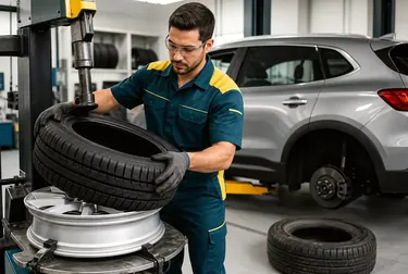 Técnico realizando a troca de pneu com equipamentos adequados.