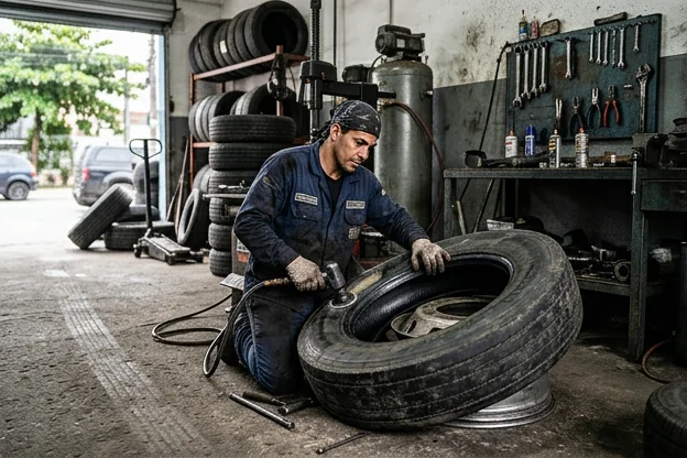 Técnico realizando conserto de pneu em Borracharia.